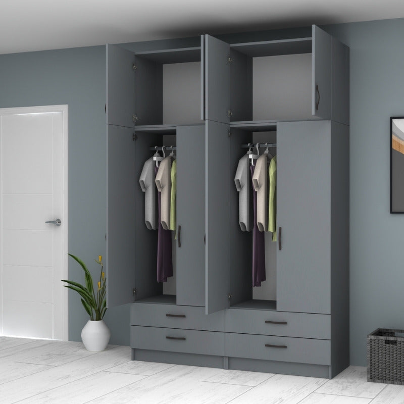 Ντουλάπα ρούχων Ricardo Megapap τετράφυλλη με πατάρι και συρτάρια χρώμα ανθρακί 160x51,8x240εκ. - Hippiehome.gr