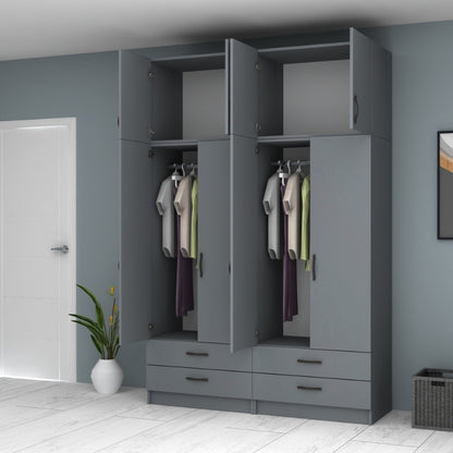 Ντουλάπα ρούχων Ricardo Megapap τετράφυλλη με πατάρι και συρτάρια χρώμα ανθρακί 160x51,8x240εκ. - Hippiehome.gr