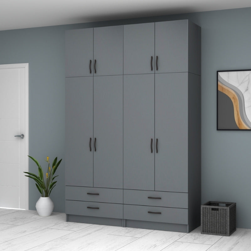 Ντουλάπα ρούχων Ricardo Megapap τετράφυλλη με πατάρι και συρτάρια χρώμα ανθρακί 160x51,8x240εκ. - Hippiehome.gr