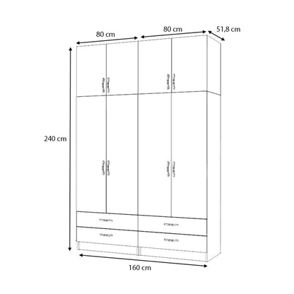 Ντουλάπα ρούχων Ricardo Megapap τετράφυλλη με πατάρι και συρτάρια χρώμα ανθρακί 160x51,8x240εκ. - Hippiehome.gr