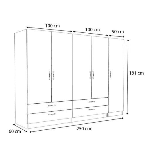 Ντουλάπα ρούχων Victoria Megapap πεντάφυλλη με συρτάρια χρώμα καρυδί 250x60x181εκ. - Hippiehome.gr