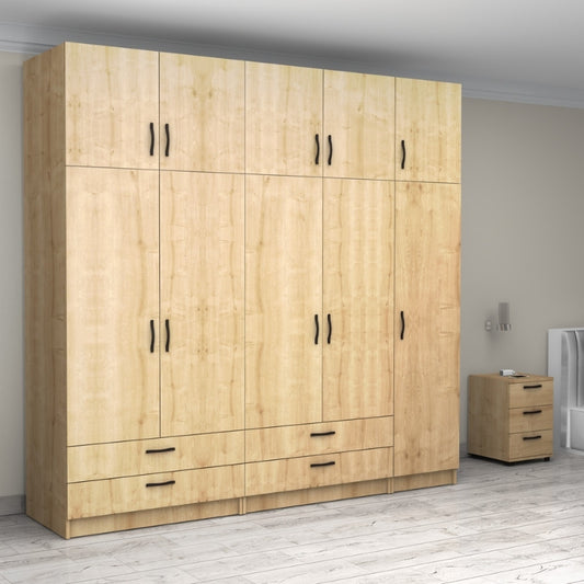 Ντουλάπα ρούχων Victoria Megapap πεντάφυλλη με πατάρι και συρτάρια χρώμα φυσικό οξιάς 250x60x240εκ. - Hippiehome.gr