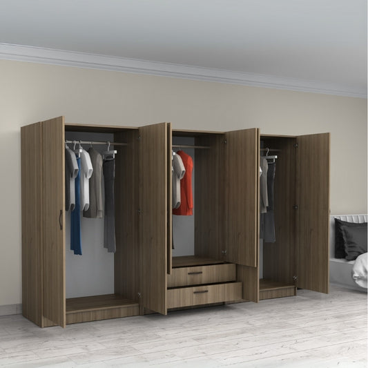 Ντουλάπα ρούχων Victoria Megapap εξάφυλλη με συρτάρια χρώμα καρυδί 300x60x181εκ. - Hippiehome.gr