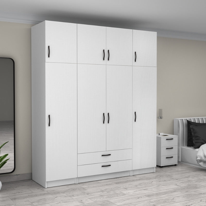 Ντουλάπα ρούχων Victoria Megapap τετράφυλλη με πατάρι και συρτάρια χρώμα λευκό 200x60x240εκ. - Hippiehome.gr