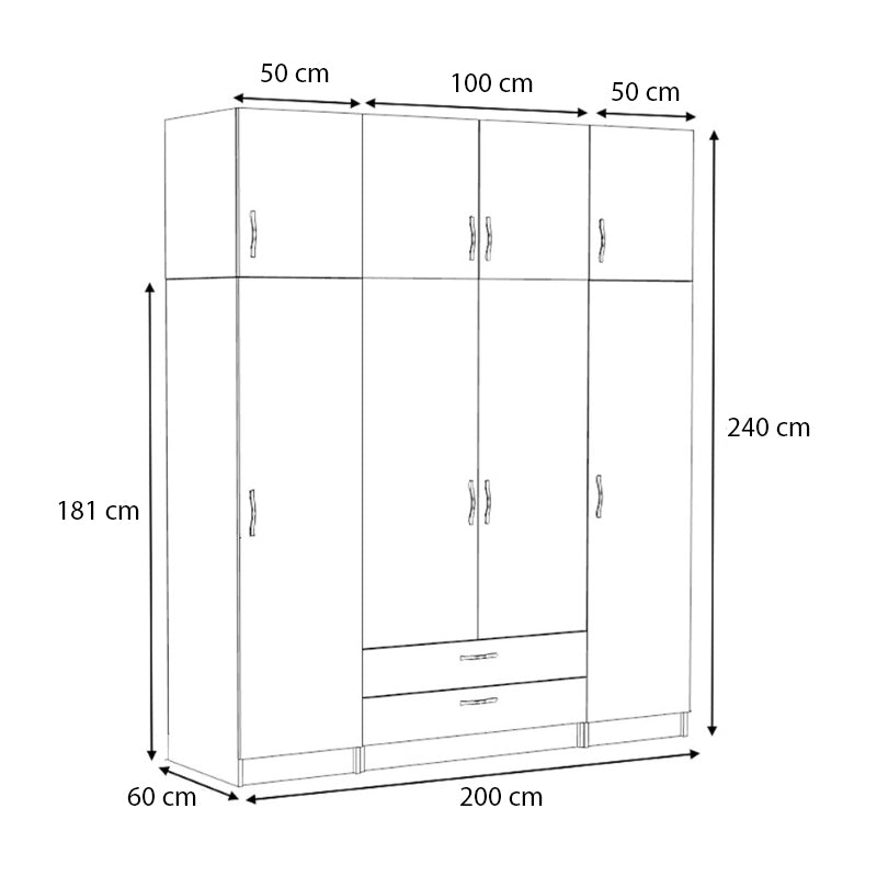 Ντουλάπα ρούχων Victoria Megapap τετράφυλλη με πατάρι και συρτάρια χρώμα λευκό 200x60x240εκ. - Hippiehome.gr
