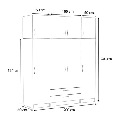 Ντουλάπα ρούχων Victoria Megapap τετράφυλλη με πατάρι και συρτάρια χρώμα λευκό 200x60x240εκ. - Hippiehome.gr
