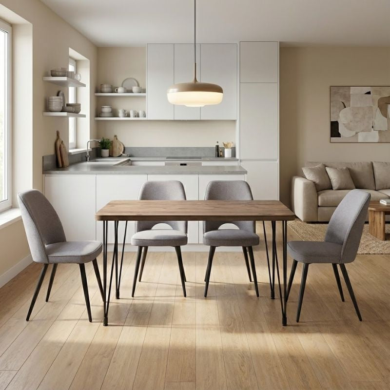 Σετ τραπεζαρία 5τμχ Roger - Christy Megapap Mdf - ύφασμα χρώμα ακακίας - ανοιχτό μπεζ 120x70x75εκ. - Hippiehome.gr