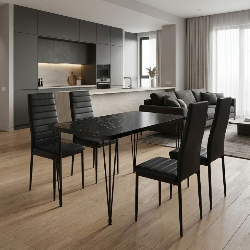 Σετ τραπεζαρία 5τμχ Roger - Rosa Megapap Mdf - PU χρώμα μαύρο εφέ μαρμάρου - μαύρο 120x70x75εκ. - Hippiehome.gr