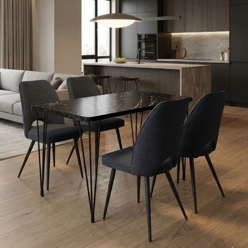 Σετ τραπεζαρία 5τμχ Roger - Christy Megapap Mdf - ύφασμα χρώμα μαύρο εφέ μαρμάρου - ανθρακί 120x70x75εκ. - Hippiehome.gr