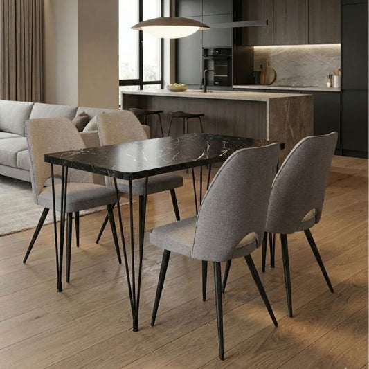 Σετ τραπεζαρία 5τμχ Roger - Christy Megapap Mdf - ύφασμα χρώμα μαύρο εφέ μαρμάρου - ανοιχτό μπεζ 120x70x75εκ. - Hippiehome.gr