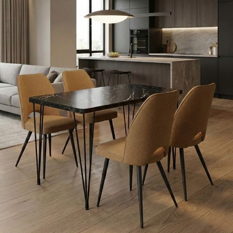 Σετ τραπεζαρία 5τμχ Roger - Christy Megapap Mdf - ύφασμα χρώμα μαύρο εφέ μαρμάρου - μουσταρδί 120x70x75εκ. - Hippiehome.gr