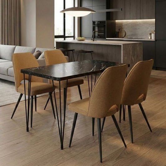 Σετ τραπεζαρία 5τμχ Roger - Christy Megapap Mdf - ύφασμα χρώμα μαύρο εφέ μαρμάρου - μουσταρδί 120x70x75εκ. - Hippiehome.gr