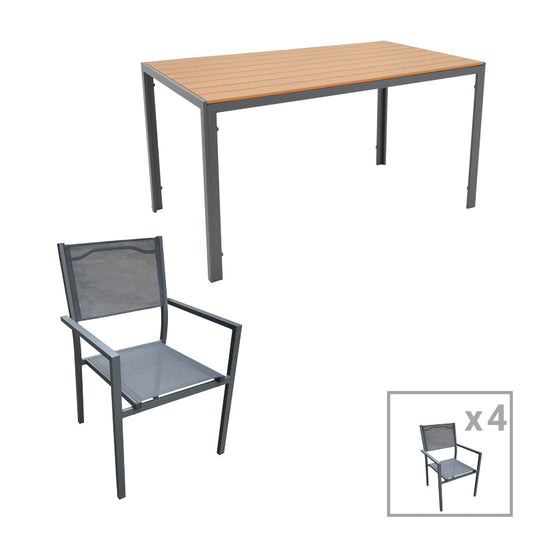 Tραπεζαρία Nares-Moly pakoworld σετ 5τεμ ανθρακί αλουμίνιο και φυσικό plywood 140x80x72.5εκ - Hippiehome.gr