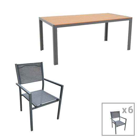 Tραπεζαρία Nares-Moly pakoworld σετ 7τεμ ανθρακί αλουμίνιο και φυσικό plywood 180x90x72.5εκ - Hippiehome.gr