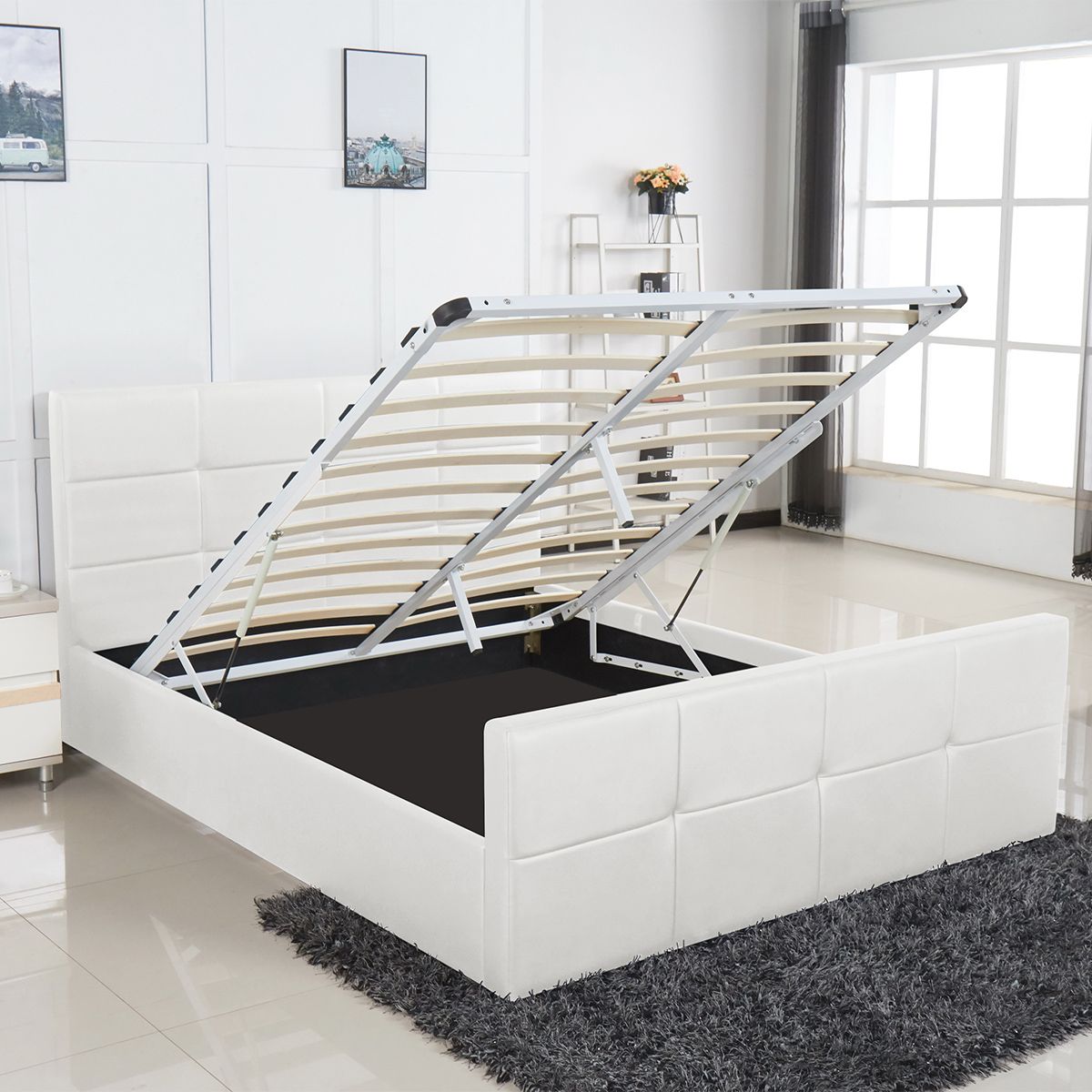 Κρεβάτι ArteLibre ANEMONE Λευκό PU Με Αποθηκευτικό Χώρο 217.5x170.5x100cm (Στρώμα 160x200cm) - Hippiehome.gr