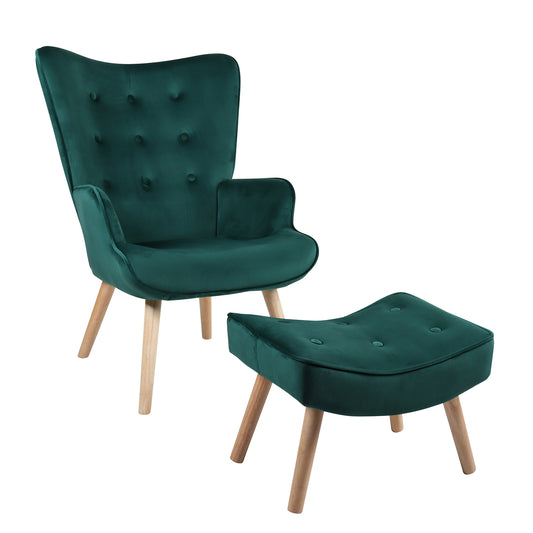 Πολυθρόνα Μπερζέρα Με Υποπόδιο ANIDORI Πράσινο Βελούδο/Ξύλο 73x69x96cm - Hippiehome.gr