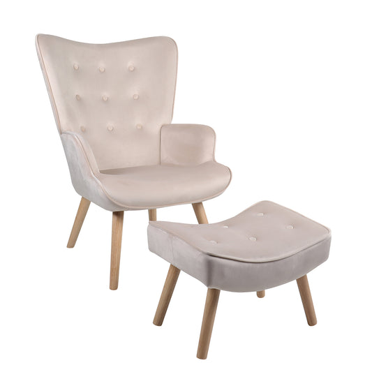 Πολυθρόνα Μπερζέρα Με Υποπόδιο ANIDORI Μπεζ Βελούδο/Ξύλο 73x69x96cm - Hippiehome.gr
