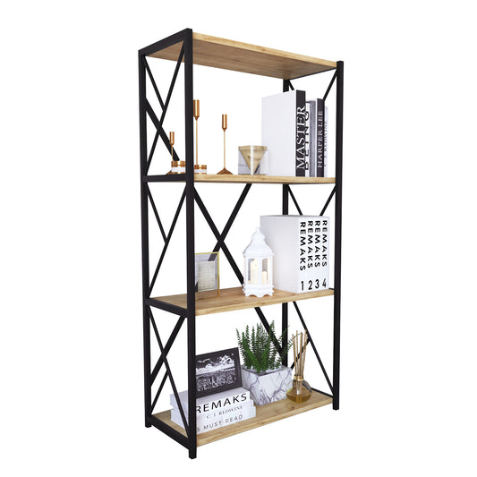 Βιβλιοθήκη IKE Δρυς/Μαύρο Μοριοσανίδα/Μέταλλο 70x34x114.5cm - Hippiehome.gr