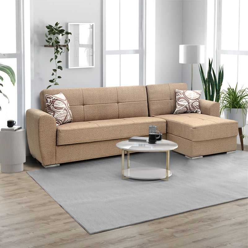 Γωνιακός καναπές - κρεβάτι Landon Megapap αναστρέψιμος υφασμάτινος με αποθηκευτικό χώρο σε μπεζ - ανοιχτό καφέ 256x60/115x90εκ. - Hippiehome.gr