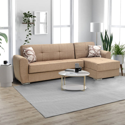 Γωνιακός καναπές - κρεβάτι Landon Megapap αναστρέψιμος υφασμάτινος με αποθηκευτικό χώρο σε μπεζ - ανοιχτό καφέ 256x60/115x90εκ. - Hippiehome.gr